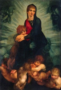 Madonna in gloria con putti, intorno all’anno 1517, tecnica ad olio su tavola, 111 x 75,5 cm., Ermitage, San Pietroburgo.